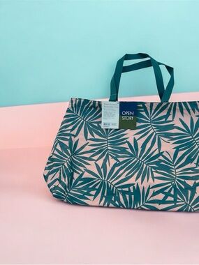 Open Story reversible water resistant Pink Tote Bag with Teal Palm Print